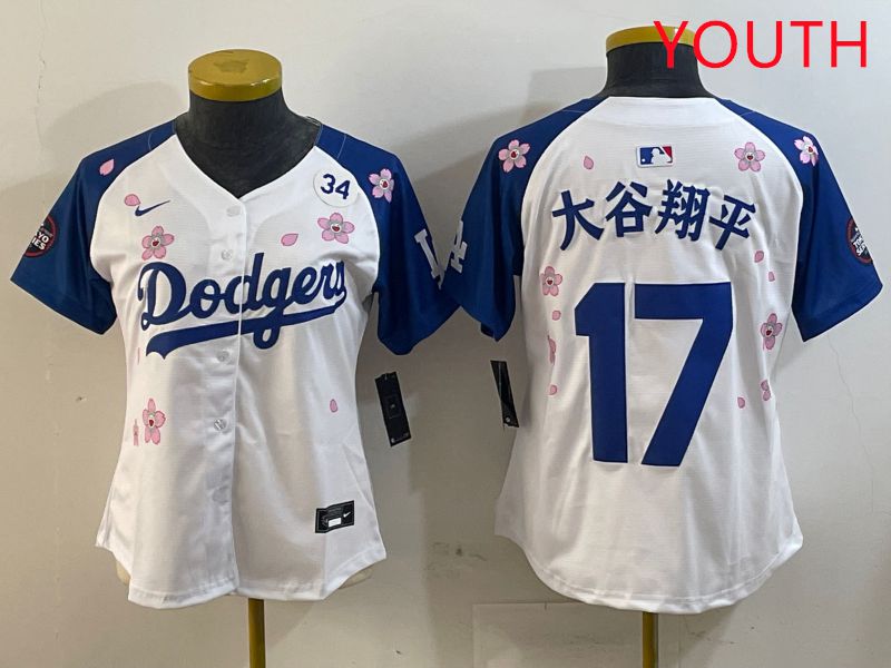 Youth Los Angeles Dodgers #17 Ohtani White Blue Sakura Edition 2025 Nike MLB Jersey style 15